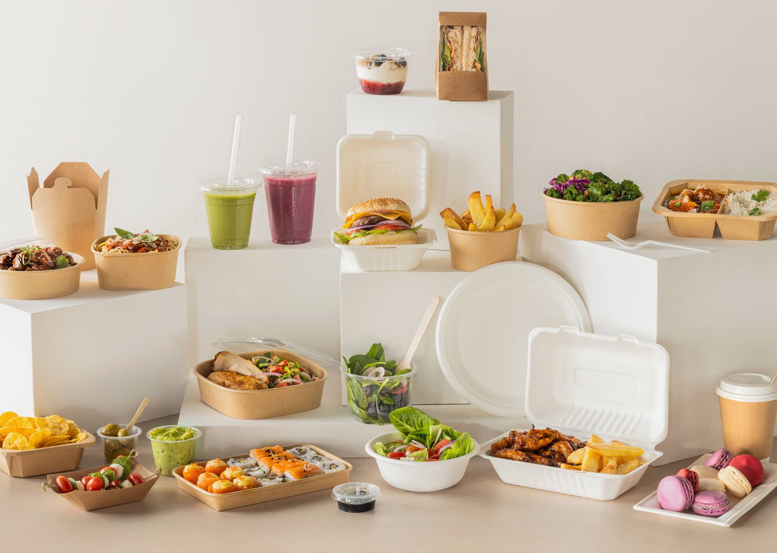Assorted Yucca Packaging products including bags, bowls, boxes, chip holders, clamshells, cups, cutlery, inserts, lids, plates, straws, trays, tubs, containers in plastic, kraft paper and bagasse for food and drink in food service.