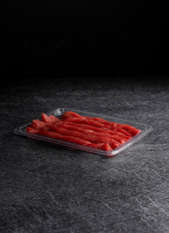 Yucca Packaging vacuum seal tray packed with beef goulash.